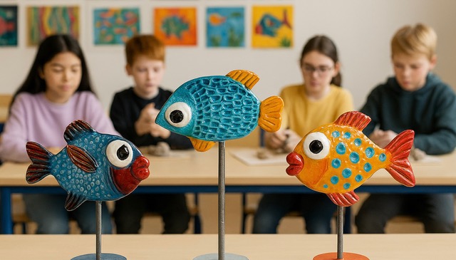 Fyra barn modellerar i lera och framför dem står tre modellfiskar på ställningar.