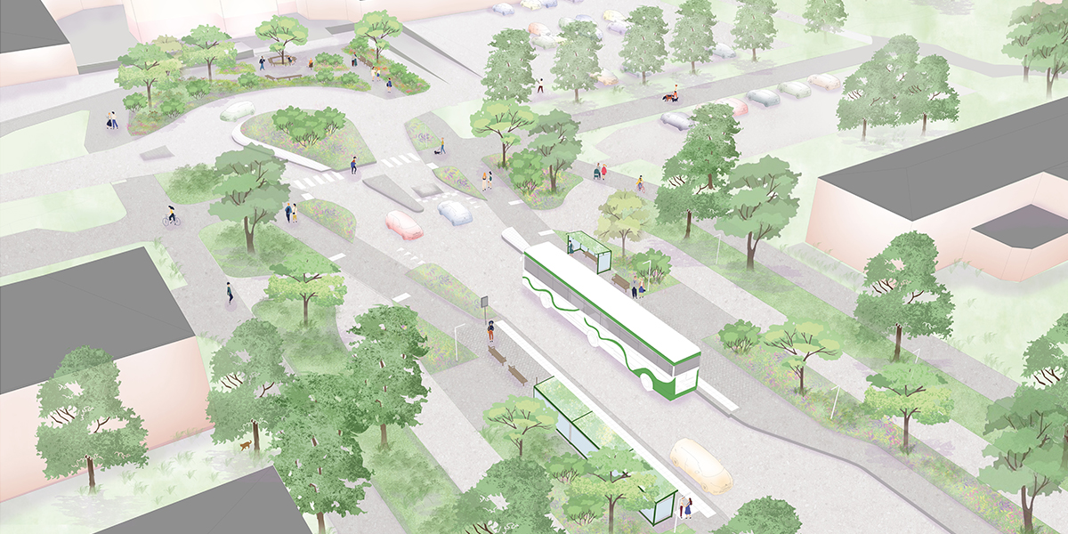Illustration som visar Poesigatan, hus, träd och ytan framför Vivalla centrum.