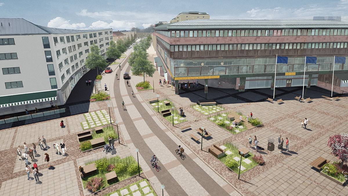Illustration i fågelperspektiv av en ombyggd stadsgata med gång- och cykelstråk, trädplanteringar, sittplatser och människor som promenerar och cyklar mellan moderna byggnader och ett torg.