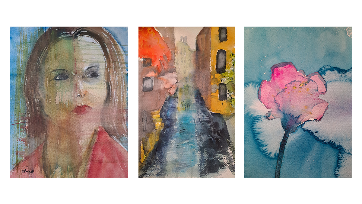 Tre målade tavlor: ett ansikte, en rosa blomma och en å rinner bland hus