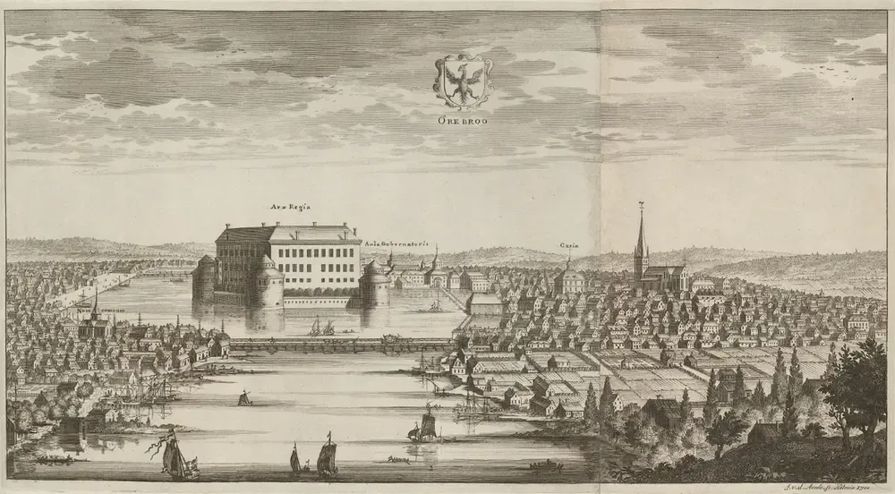 Tecknad bild av en stad som delas av en å. En bro förbinder stadens delar med varandra. Bakom bron ligger ett slott på en ö i ån.