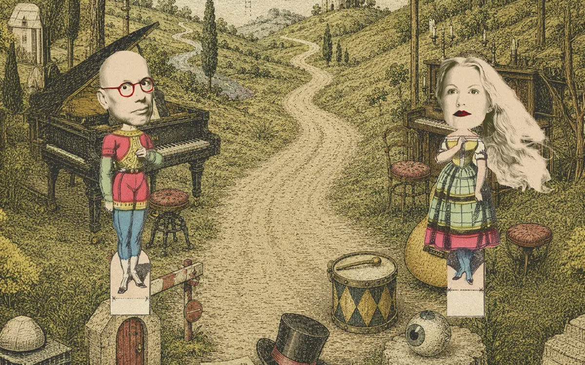 Surrealistisk illustration av Ola och Elvira i ett grönt landskap på var sin sida av en väg.