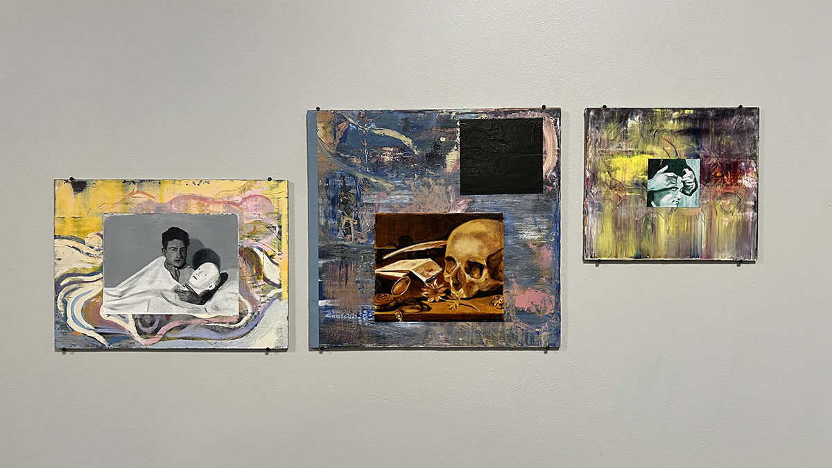 Daniel Wiklund "Flyktlinjer VIII”, ”Flyktlinjer II” och ”Flyktlinjer IV” Måleri, collage.
