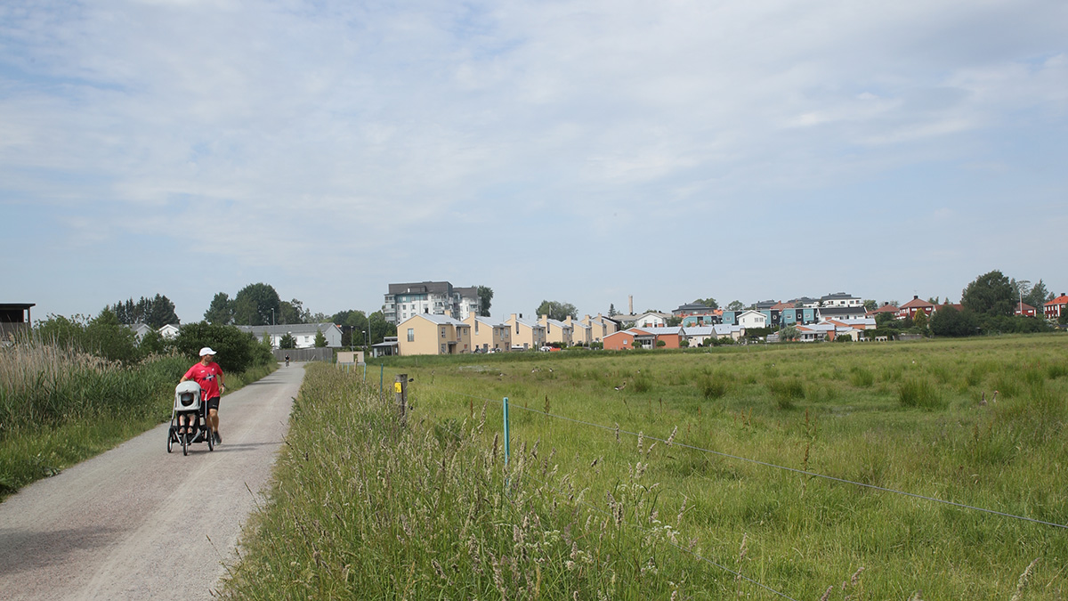 En person cyklar genom ett öppet grönområde. Till vänster om vägen finns högt gräs, och till höger breder en stor gräsäng ut sig. I bakgrunden syns en rad färgglada bostadshus och några träd under en ljus, delvis molnig himmel.