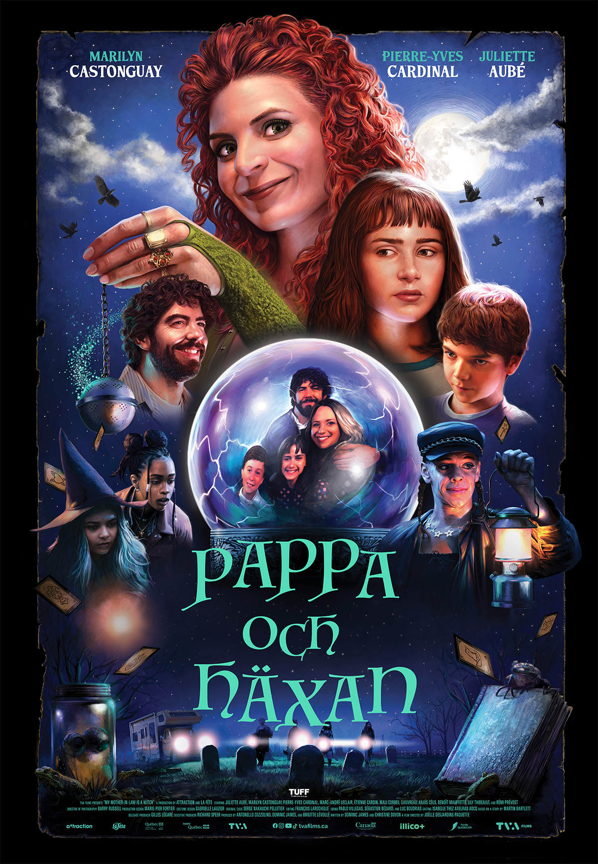 Ansikten av en familj, en häxa och en spåkula