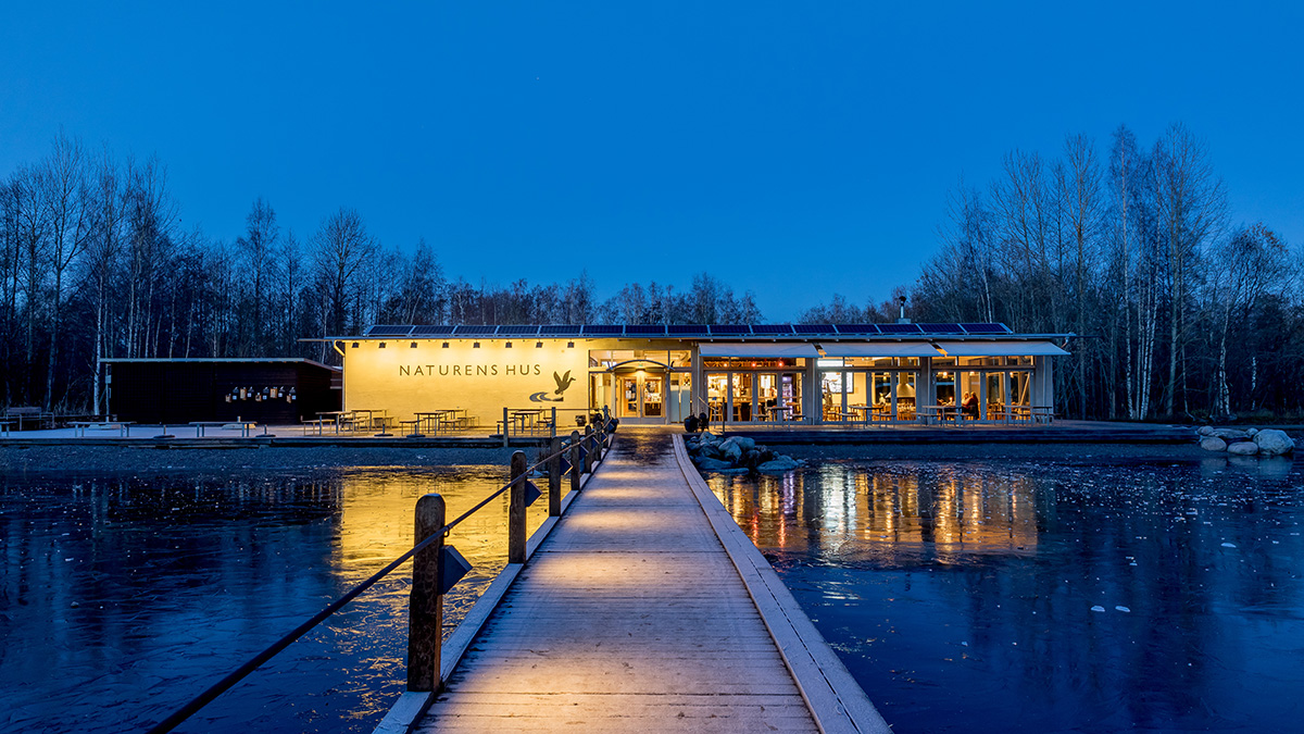 En upplyst gångbro leder över en frusen vattenyta till byggnaden Naturens Hus, som är belyst och omgiven av nakna träd i skymningen.