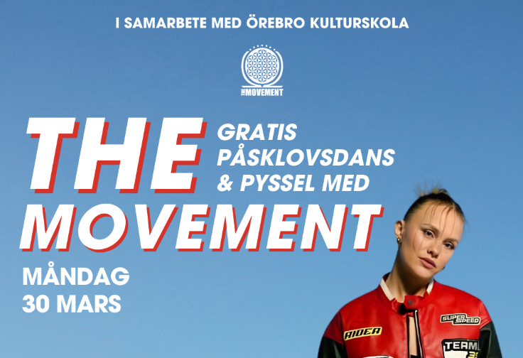 The movments affsch för påsklovet. med information om gratis påsklovsdans och pyssel måndag 30 mars. En halvbild på en tjej i röd skinnjacka med märken tittar in i kameran mot blå bakgrund.