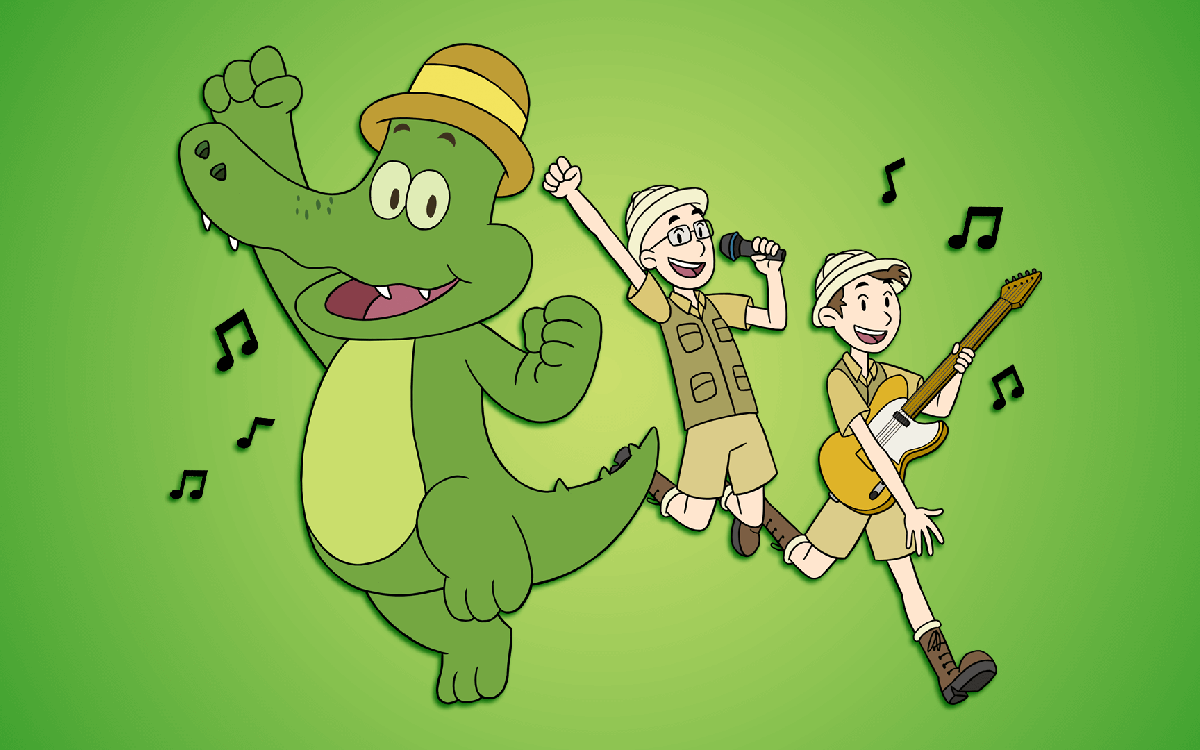 Tecknad bild av en glad krokodil och två safariklädda musiker