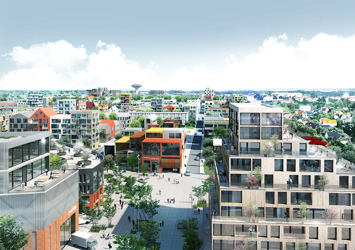 Flygbild av ett modernt stadsområde med flera flervåningsbyggnader, inklusive både bostads- och kommersiella strukturer. Byggnaderna har samtida arkitektur med stora fönster och en blandning av material som glas, metall och tegel. Träd och grönska är integrerade i stadslandskapet, vilket skapar en balans mellan natur och byggd miljö. Människor promenerar i de öppna ytorna mellan byggnaderna. I bakgrunden syns fler bostadsområden som sträcker sig mot horisonten under en delvis molnig himmel.