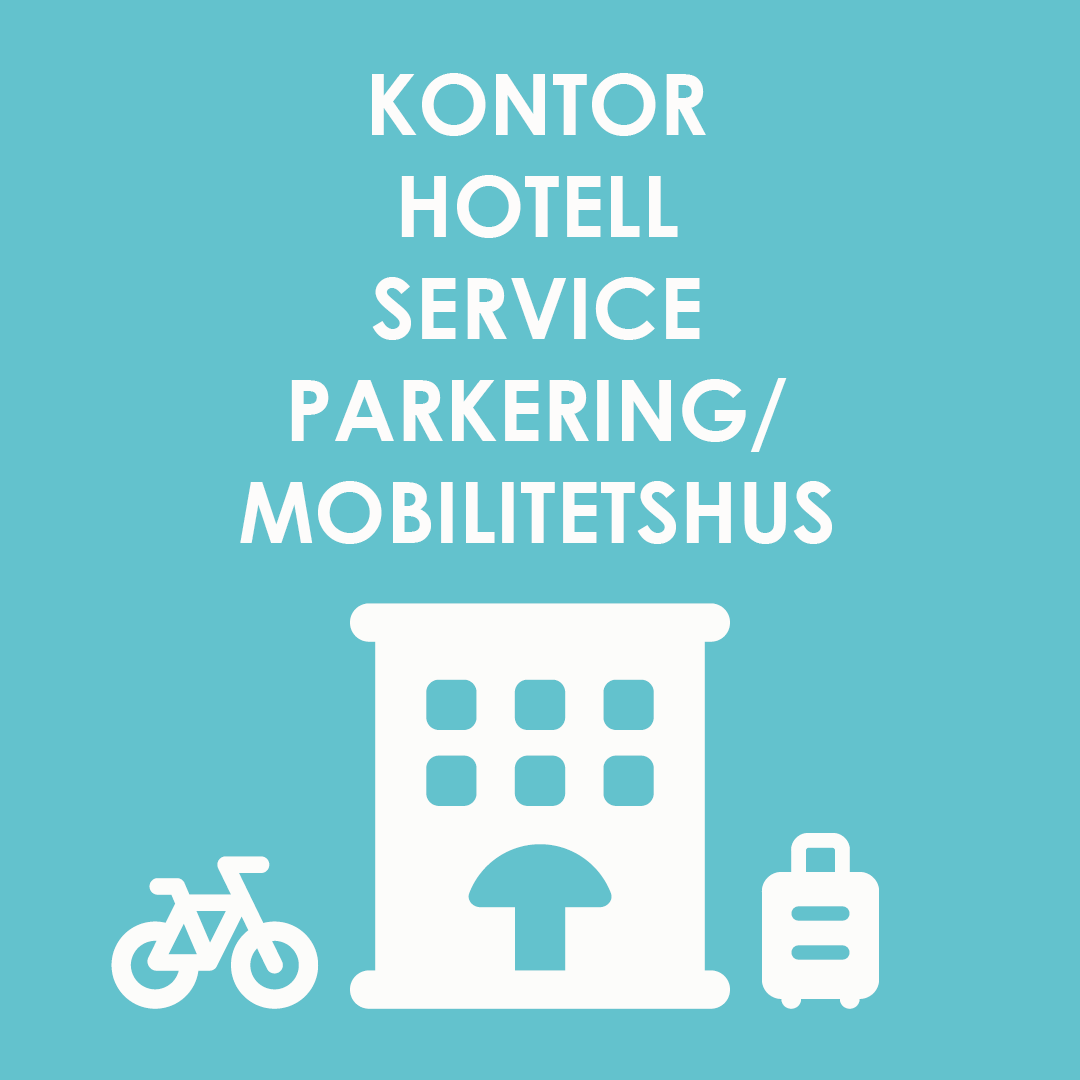 Illustration med texten ”Kontor, hotell, service, parkering/mobilitetshus” samt ikoner av byggnad, cykel och resväska.