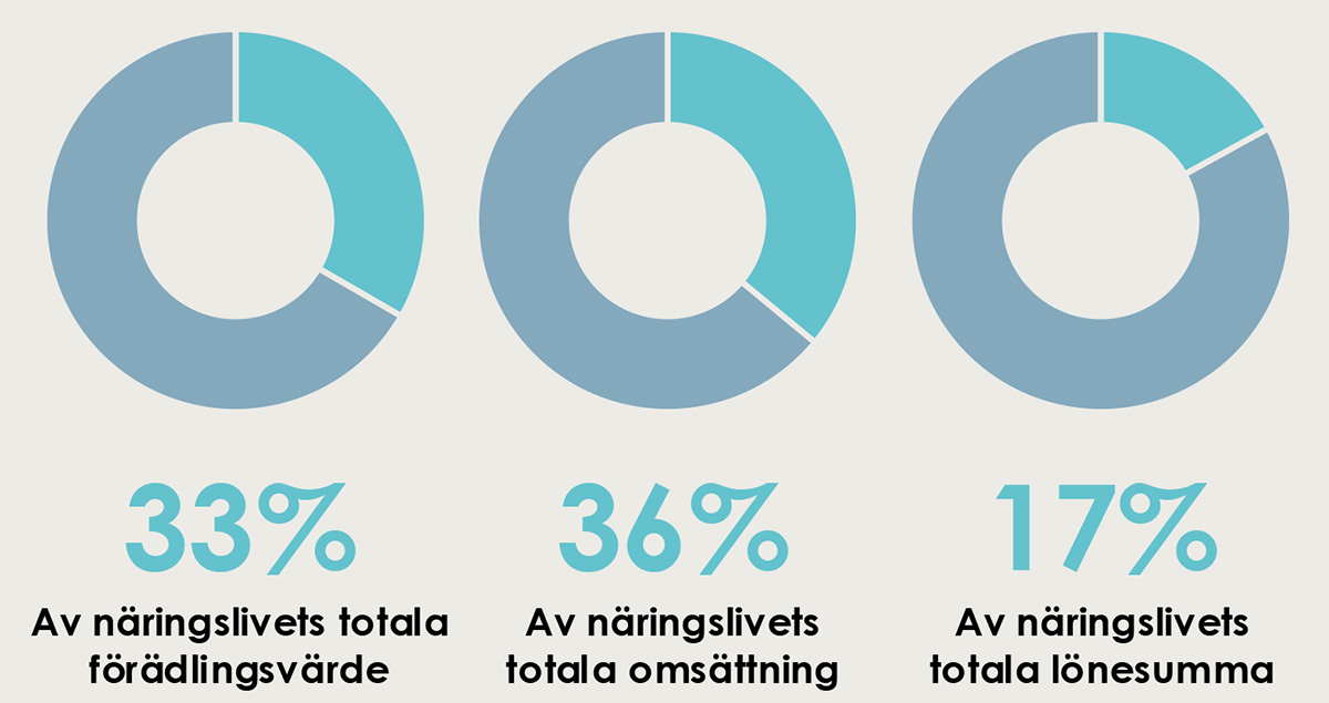 Cirkeldiagram över industrins andel i regionen. Det finns tre cirkeldiagram som visar följande innehåll: 33 % av näringslivets totala förädlingsvärde. 36 % av näringslivets totala omsättning. 17 % av näringslivets totala lönesumma.