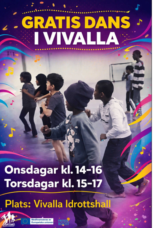 Affisch på gratis dans i vivalla med kfum. Barn som dansar på en färgglad affish i lite mörkare färger