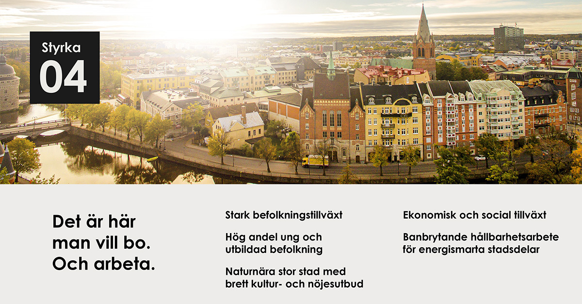 Bilden visar texten "Styrka 04" följt av "Det är här man vill bo. Och arbeta." Under denna text finns flera punkter: "Stark befolkningstillväxt," "Hög andel ung och utbildad befolkning," "Naturnära stor stad med brett kultur- och nöjesutbud," "Ekonomisk och social tillväxt," och "Banbrytande hållbarhetsarbete för energismarta stadsdelar."