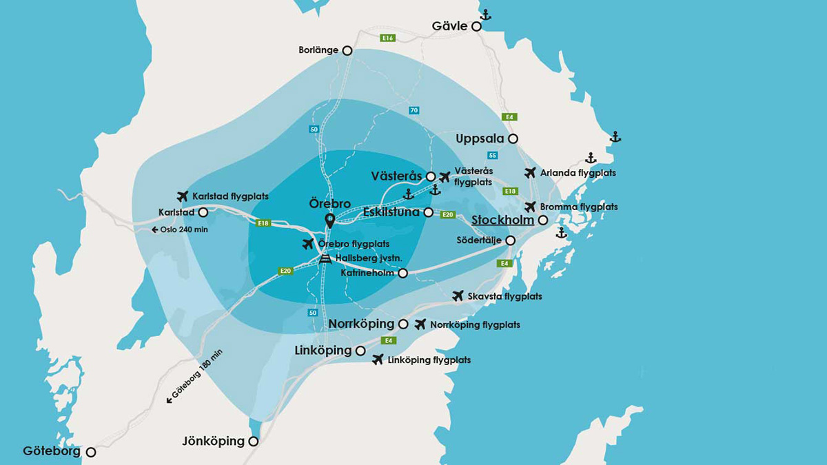 Karta över Mellansverige som markerar transportförbindelser och flygplatser i regionen. Städer som Örebro, Stockholm, Västerås och Eskilstuna är utmärkta, tillsammans med avståndsmarkeringar till Göteborg och Oslo. Kartan illustrerar tillgänglighet och logistiska fördelar med blå zoner som visar räckvidd.