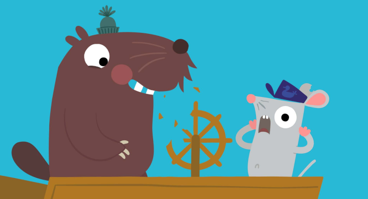 En animerad bild av en bäver och en mus på ett skepp med ett klassiskt roder.