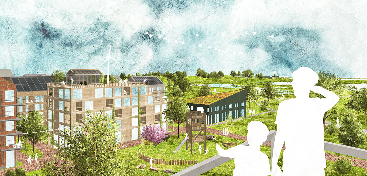 lllustration över hur framtidens Pappersbruksområde skulle kunna se ut. Vy mot nordost med en kvarterspark i förgrunden och naturreservatet Oset och Rynningeviken i fonden.