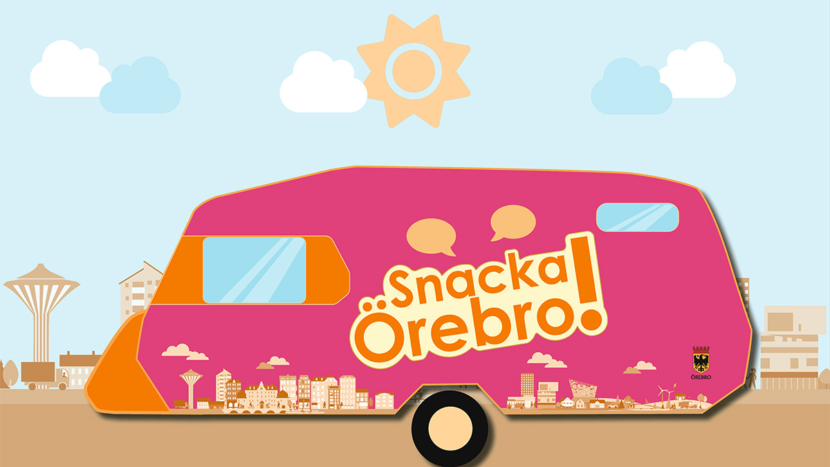 Illustration på husvagn sedd från sidan. Husvagnen är rosa och orange och på husvagnens vägg står det "Snacka Örebro!".