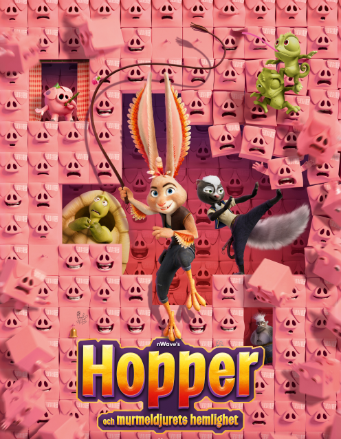 Affisch på filmen Hopper. Karaktären Hopper, en kanin står framför massa grisansikten