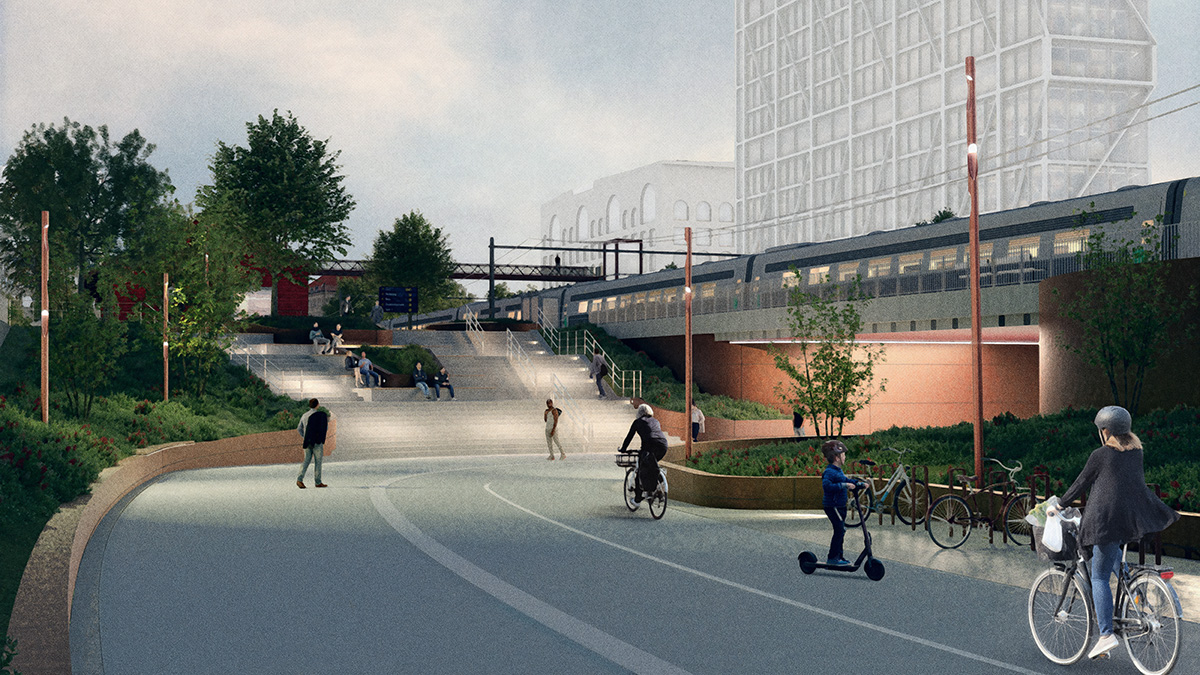Illustration som visar en bred gång- och cykelpassage i stadsmiljö med grönska, trappor och sittplatser. Personer rör sig till fots, med cykel och elsparkcykel, medan ett tåg passerar på en upphöjd bana i bakgrunden och höga byggnader syns längre bort.