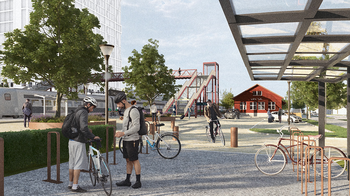 Illustration av ett stationsnära torg med cykelparkering, gångstråk och grönska. Personer leder eller cyklar sina cyklar, ett tåg står vid perrongen och en röd träbyggnad syns i bakgrunden, tillsammans med trappor upp till en gångbro.