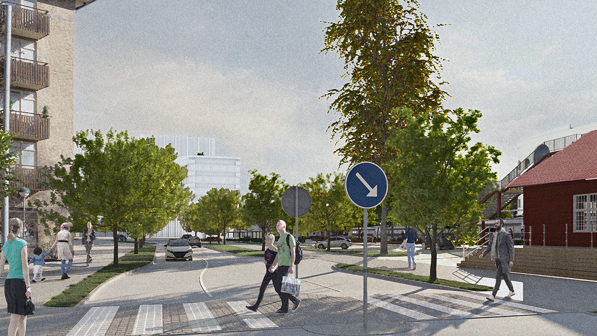 Illustration av en stadsgata med övergångsställe där flera personer korsar vägen. En bil närmar sig i låg hastighet, och trädplanteringar kantar gatan. I förgrunden syns en blå vägskylt och i bakgrunden finns bostadshus samt en röd byggnad vid ett öppet torg.