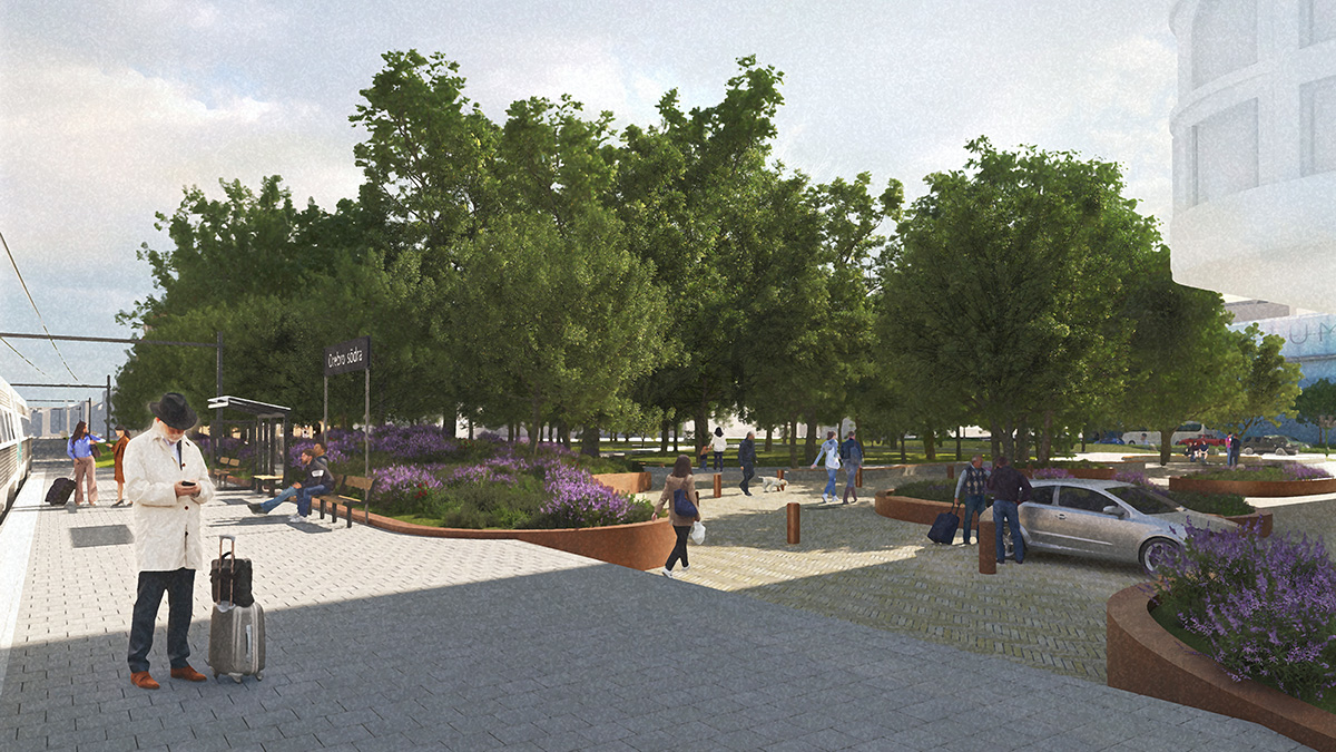 Illustration av en station med perrong och angränsande parkmiljö. Resenärer står och sitter vid plattformen, medan andra rör sig på gångvägar genom grönskande planteringar. Ett tåg står inne vid spåret och en skylt med texten ”Örebro Södra” syns i miljön.