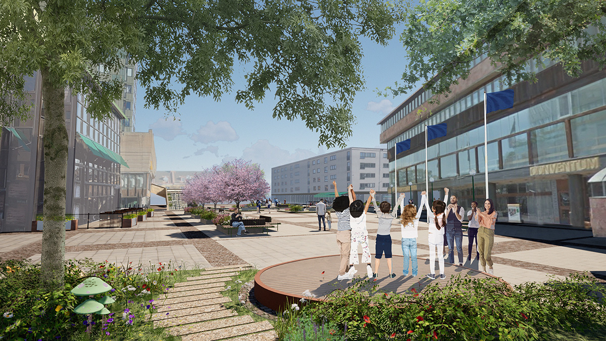 Illustration av ett öppet stadstorg kantat av moderna byggnader och grönska. I förgrunden finns planteringar, en liten gångstig och en rund upphöjd scen där en grupp personer står med armarna upp mot himlen. Runtomkring syns sittplatser, blommande träd, flaggstänger med blå flaggor och människor som rör sig eller sitter på bänkar i miljön.