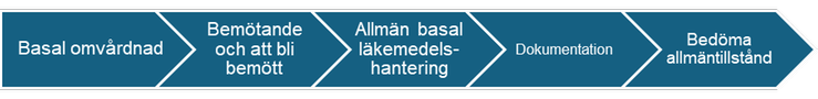 En serie av fem blå, högra pilar med följande texter i ordning: ”Basal omvårdnad”; ”Bemötande och att bli bemött”; ”Allmän basal läkemedelshantering”; ”Dokumentation”; ”Bedöma allmäntillstånd”.