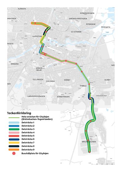 Karta över hela sträckan för Citylinjen med markering för delsträckor och hållplatser.