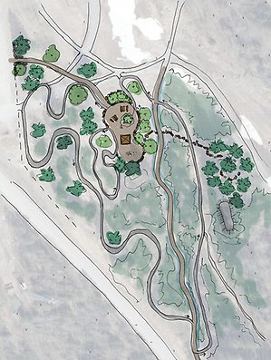Illustrationskarta över planerat cykelområde i Ånnaboda. Bilden visar slingrande cykelstigar i olika svårighetsgrader, inklusive en enklare flow trail för barn och nybörjare samt en mer avancerad bana. I området finns också en mindre pumptrack, mötesplats med sittplatser och grillhus, samt omgivande skog och stigar som binder ihop cykelområdet.