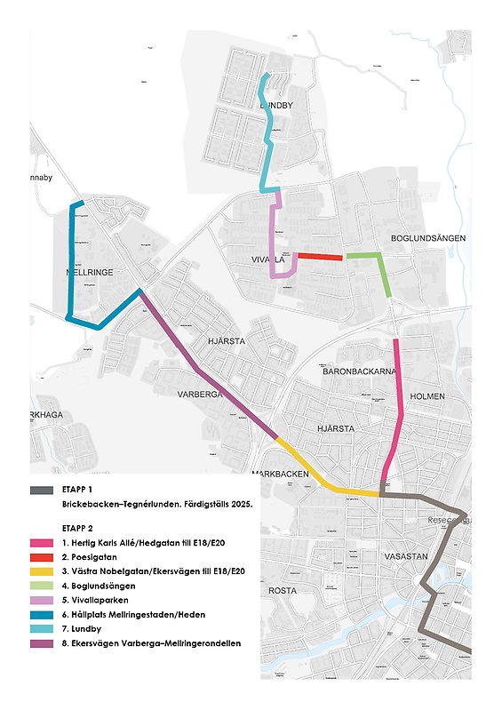 Karta som visar samtliga delsträckor i etapp 2 av Citylinjen.