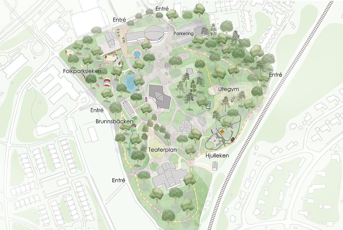 En illustrerad översiktskarta över Brunnsparken. Kartan visar gångvägar, gröna träd och olika funktioner i parken. Flera entréer är markerade runt parken. I den västra delen syns Folkparksleken och Brunnsbäcken. Centralt finns Teaterplan och flera byggnader. I östra delen ligger utegymmet och Hjulleken. I den norra delen finns en parkeringsplats. Kartan är omgiven av bostadsområden och vägar.