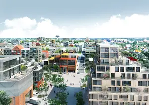 Flygbild av ett modernt stadsområde med flera flervåningsbyggnader, inklusive både bostads- och kommersiella strukturer. Byggnaderna har samtida arkitektur med stora fönster och en blandning av material som glas, metall och tegel. Träd och grönska är integrerade i stadslandskapet, vilket skapar en balans mellan natur och byggd miljö. Människor promenerar i de öppna ytorna mellan byggnaderna. I bakgrunden syns fler bostadsområden som sträcker sig mot horisonten under en delvis molnig himmel.